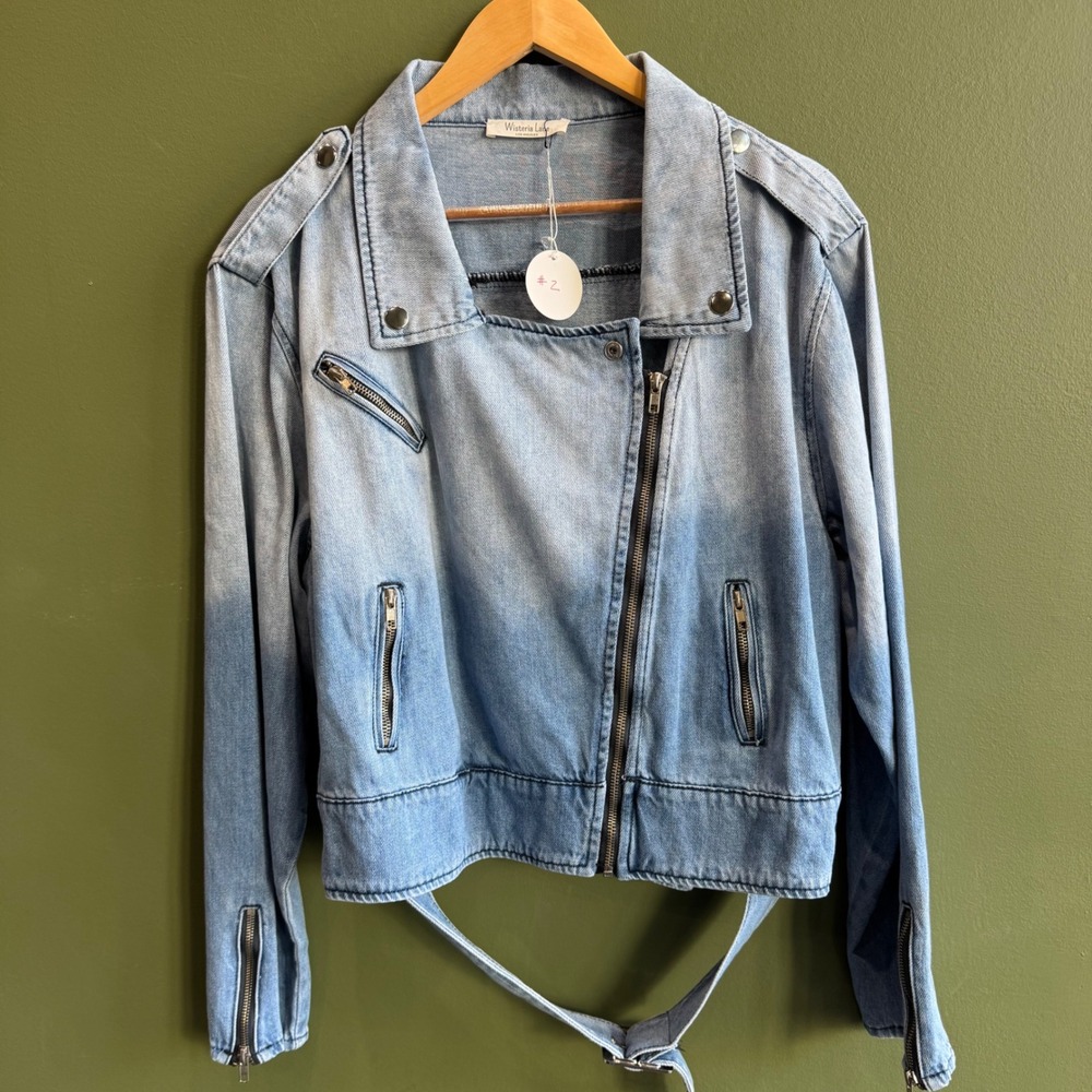Wisteria Lane Stretch‎ Denim Moto Jacket Zipper Belted NWT $78 Large Jean #2